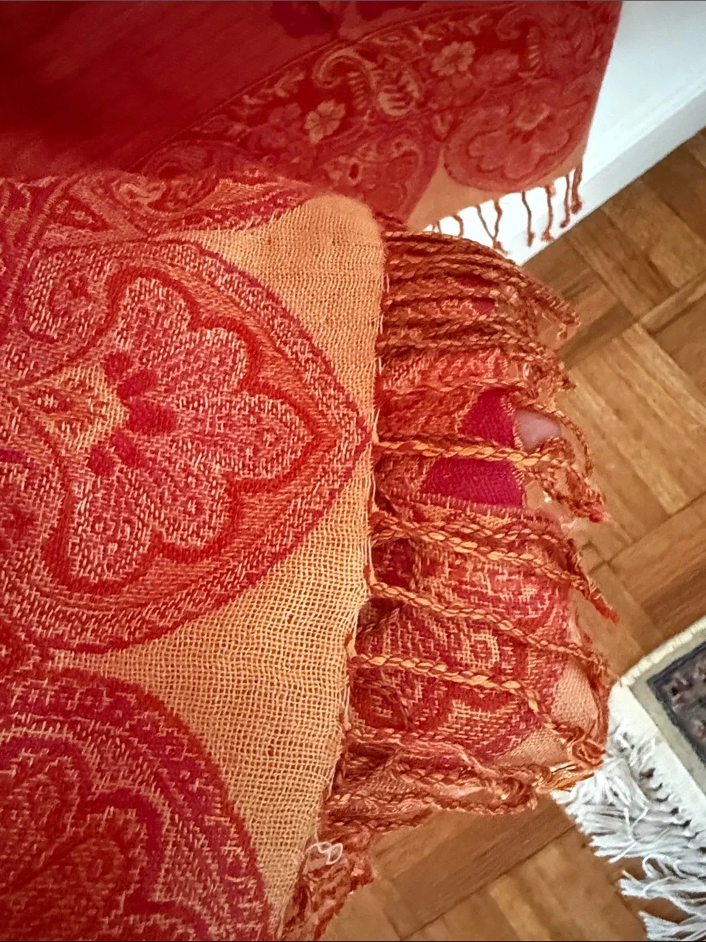 Fuchsia & Orange Paisley Reversible Kashmiri Style Large Shawl with Fringe.